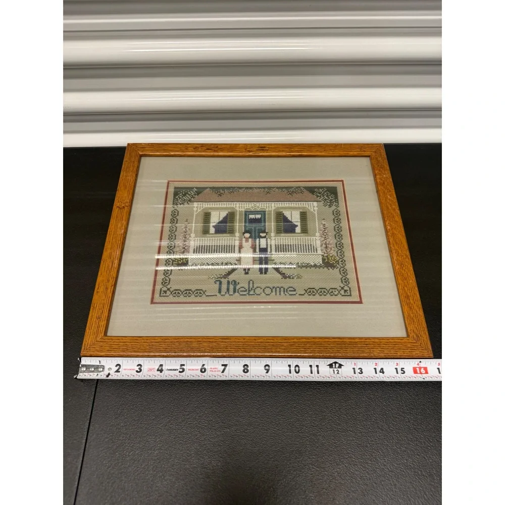 Vintage Amish Folk Art Framed Cross Stitch Set Welcome & The Auction Quilt Theme